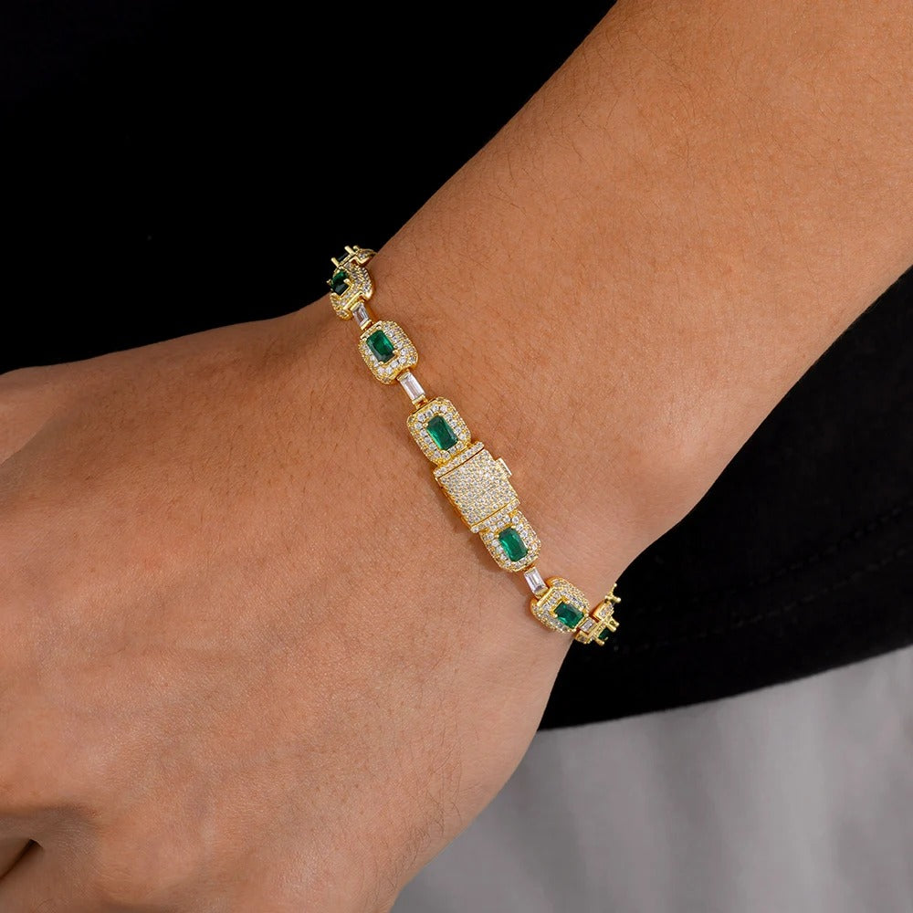 Bracelet Tennis Homme Doré Pierre Verte - Zircon Et Cuivre