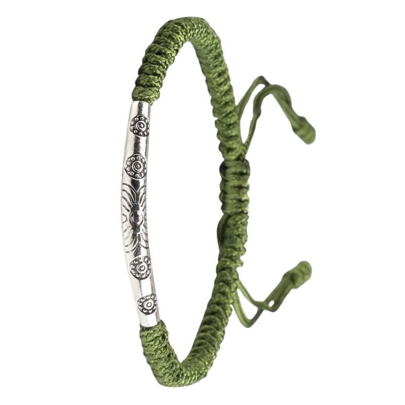 Bracelet Tibétain Barrette Argentée Cordon Tressé