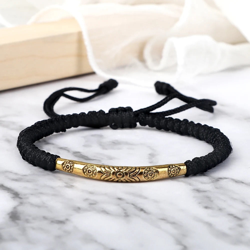 Bracelet Tibétain Barrette Dorée Cordon Tressé