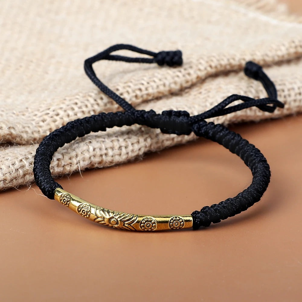 Bracelet Tibétain Barrette Dorée Cordon Tressé
