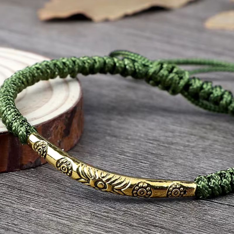 Bracelet Tibétain Barrette Dorée Cordon Tressé