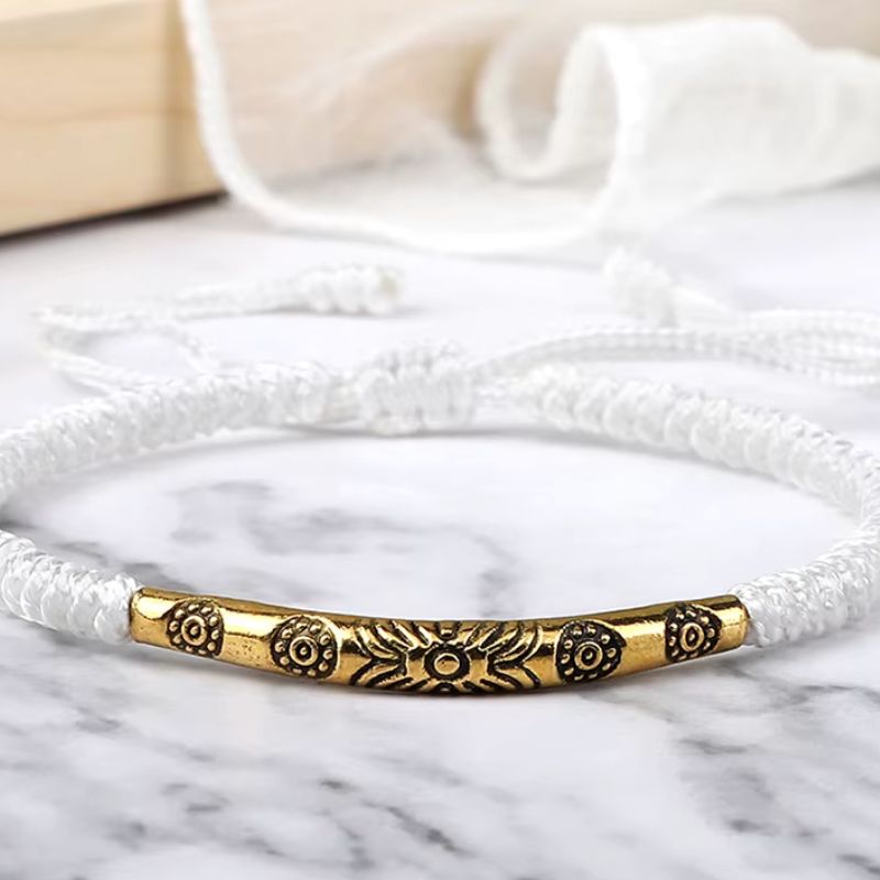 Bracelet Tibétain Barrette Dorée Cordon Tressé