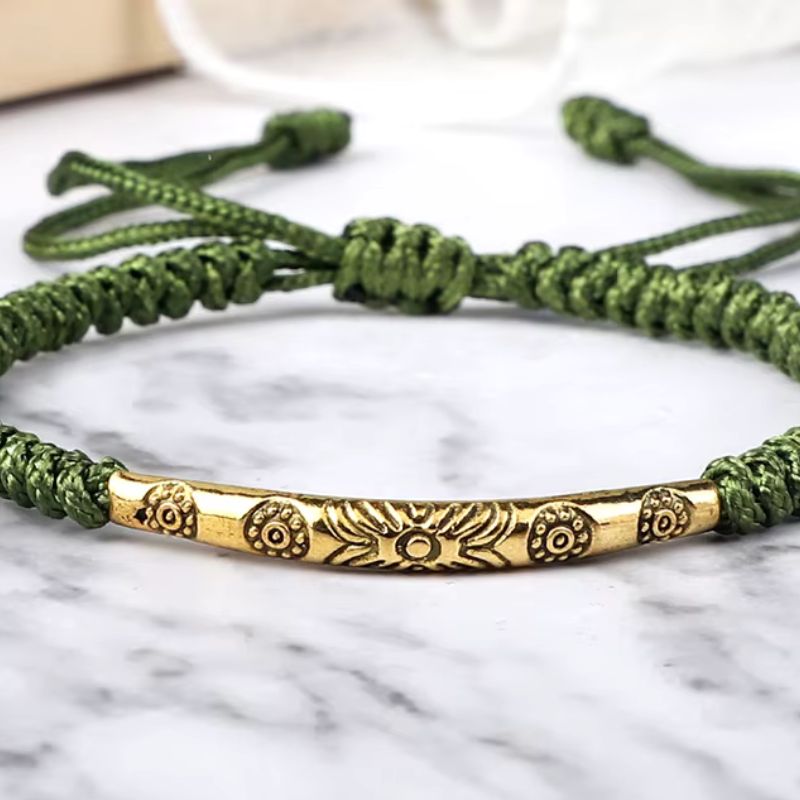 Bracelet Tibétain Barrette Dorée Cordon Tressé