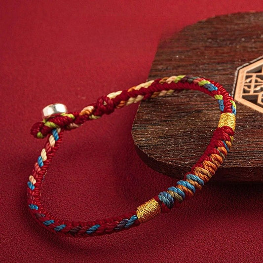 Bracelet Tibétain Femme Cordon Rouge Tressé Multicolore