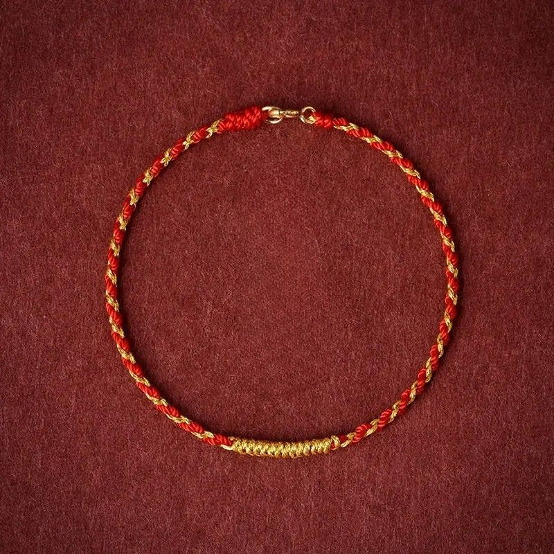 Bracelet Tibétain Femme Fil Rouge Et Or 24K
