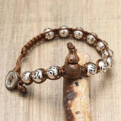 Bracelet Tibétain Perle Gourde Cordon Brun - Acier Inoxydable