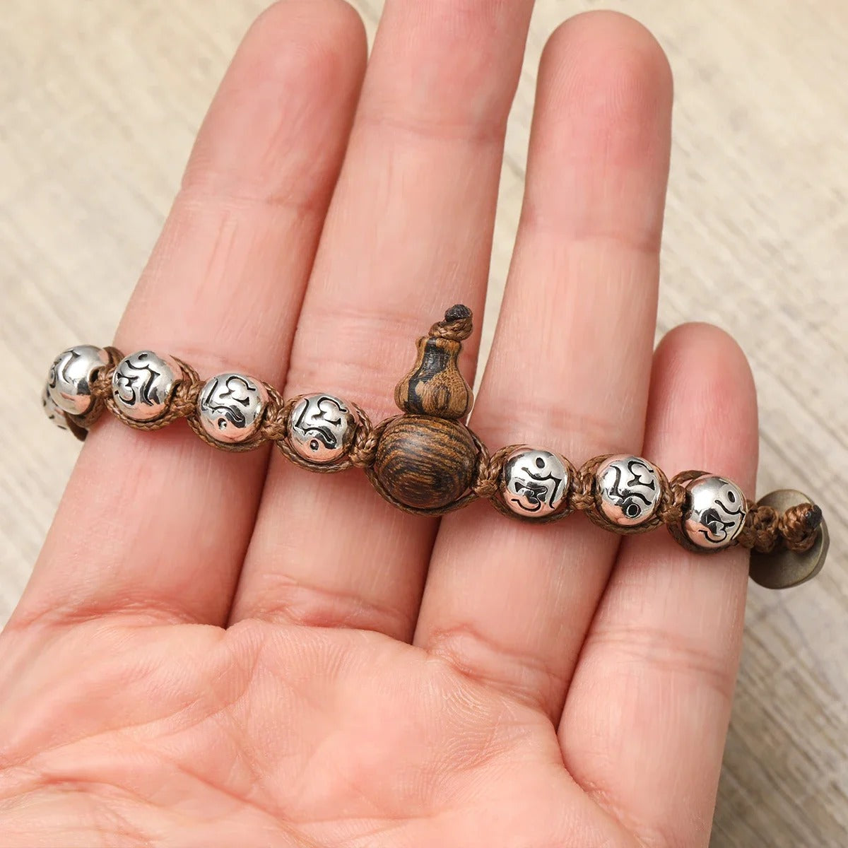 Bracelet Tibétain Perle Gourde Cordon Brun - Acier Inoxydable