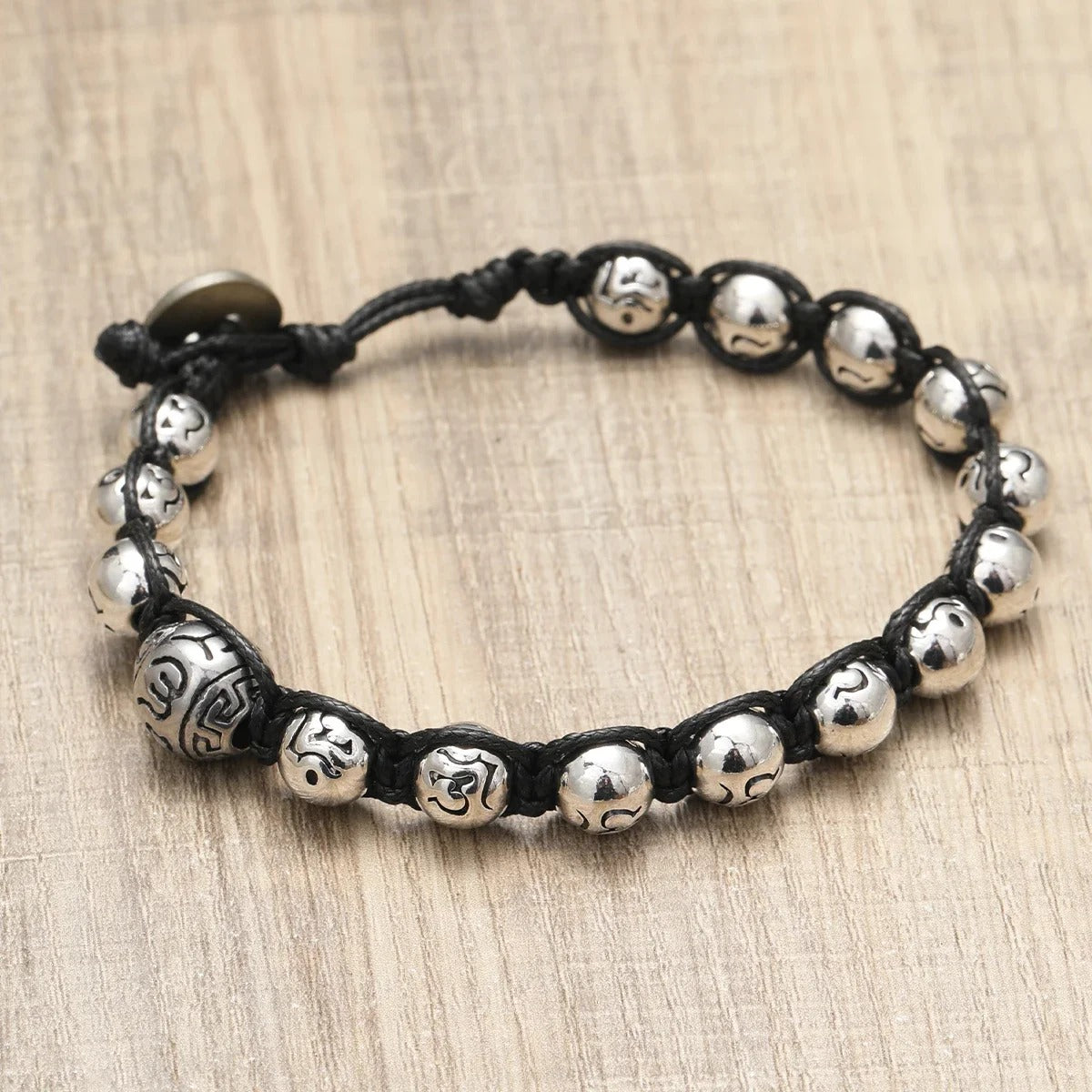 Bracelet Tibétain Perles "Om" Cordon Noir - Acier Inoxydable