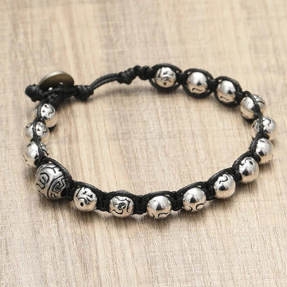 Bracelet Tibétain Perles "Om" Cordon Noir - Acier Inoxydable