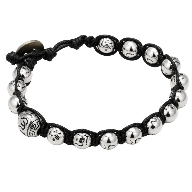 Bracelet Tibétain Perles "Om" Cordon Noir - Acier Inoxydable