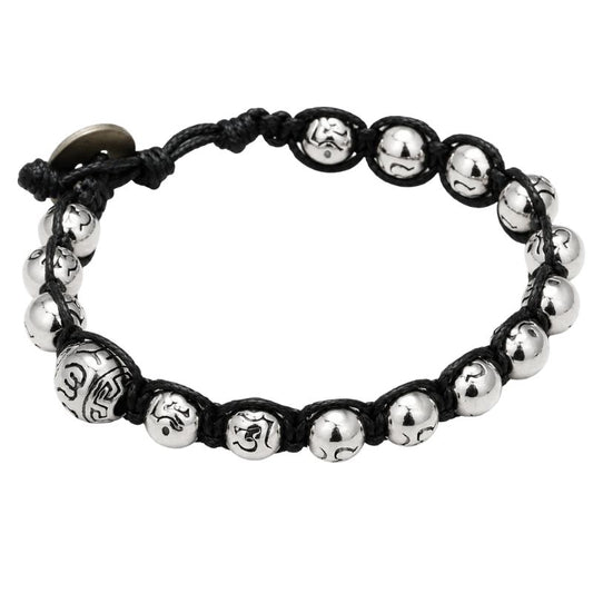 Bracelet Tibétain Perles "Om" Cordon Noir - Acier Inoxydable