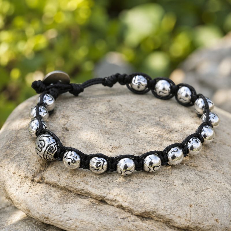 Bracelet Tibétain Perles "Om" Cordon Noir - Acier Inoxydable
