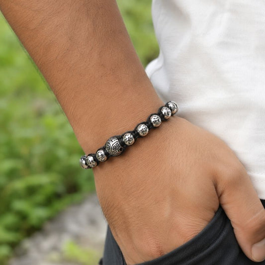Bracelet Tibétain Perles "Om" Cordon Noir - Acier Inoxydable