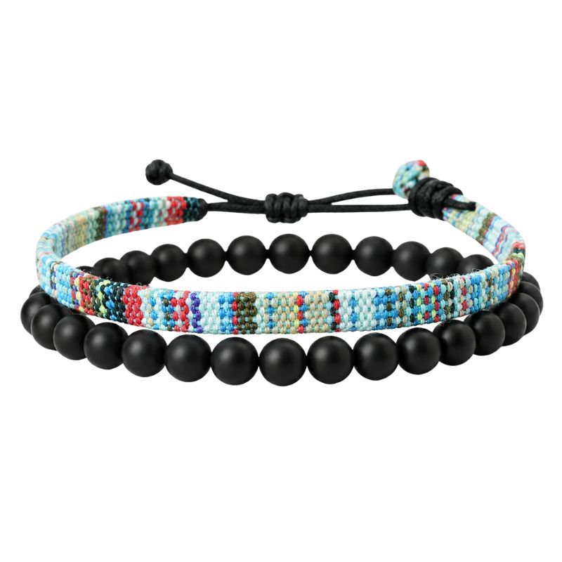Bracelet en Tissu Bohème Perles Noires