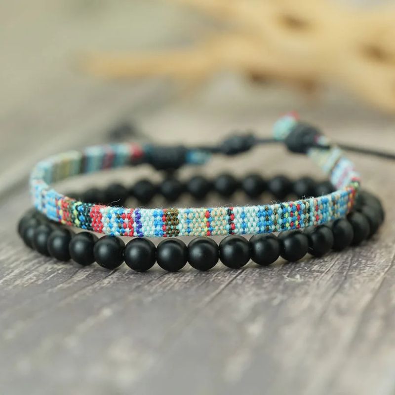 Bracelet en Tissu Bohème Perles Noires