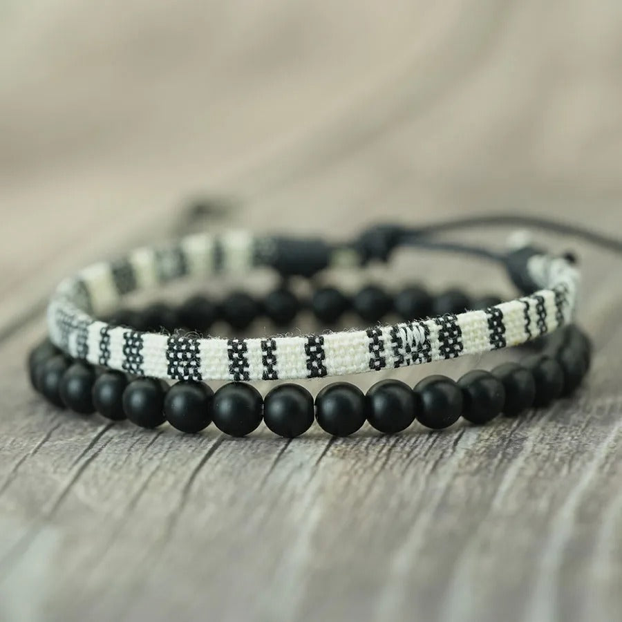 Bracelet en Tissu Et Perles Noir Et Blanc