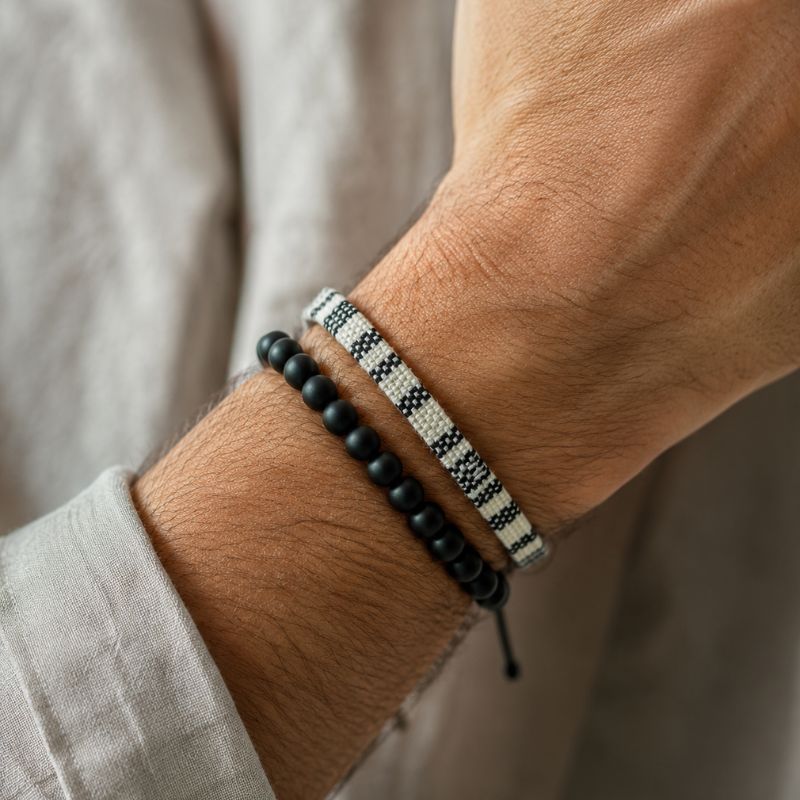 Bracelet en Tissu Et Perles Noir Et Blanc