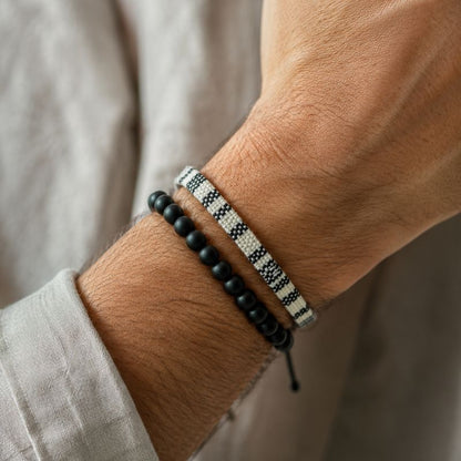 Bracelet en Tissu Et Perles Noir Et Blanc