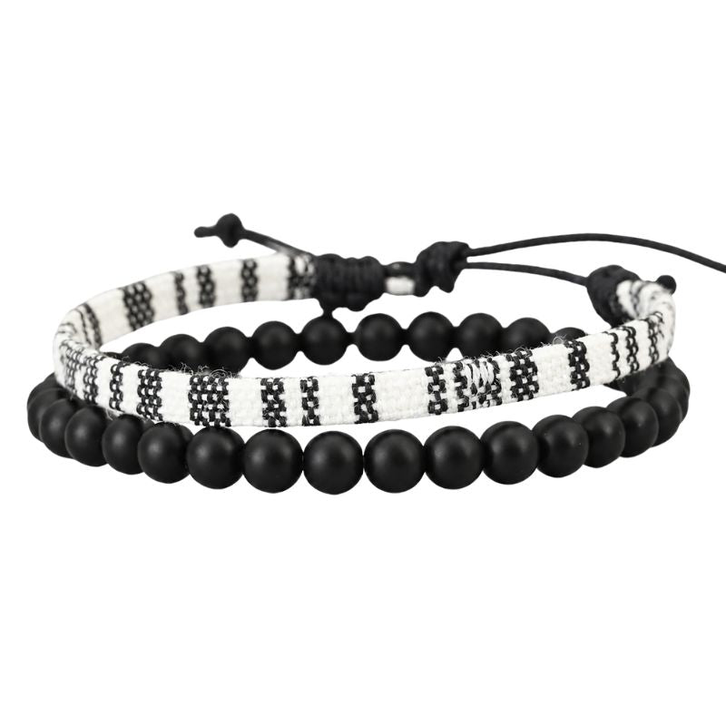 Bracelet en Tissu Et Perles Noir Et Blanc