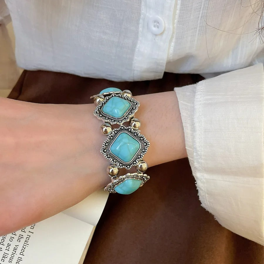 Bracelet Turquoise Femme Argenté Pierres Carrées