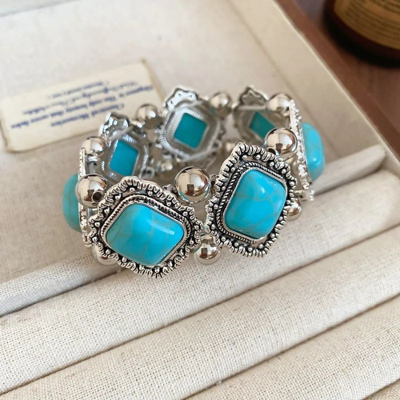 Bracelet Turquoise Femme Argenté Pierres Carrées