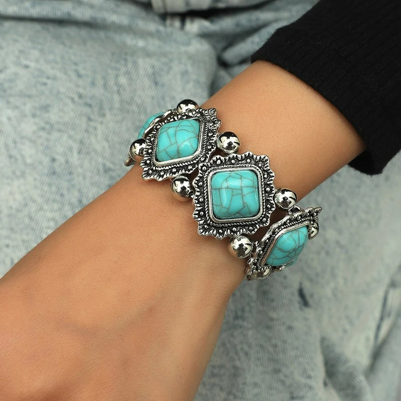 Bracelet Turquoise Femme Argenté Pierres Carrées