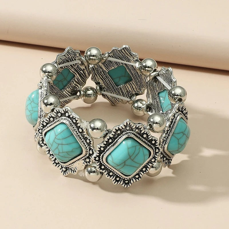 Bracelet Turquoise Femme Argenté Pierres Carrées