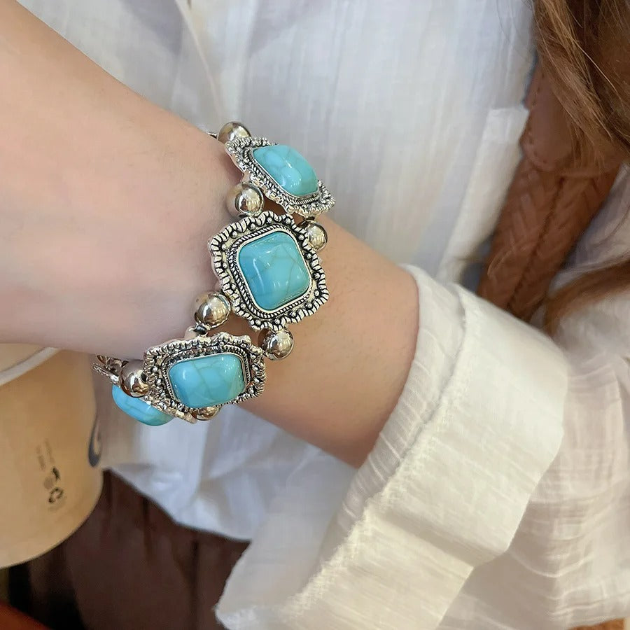 Bracelet Turquoise Femme Argenté Pierres Carrées