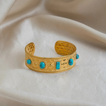 Bracelet Turquoise Femme Manchette Dorée Martelée - Acier Inoxydable