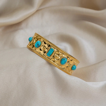 Bracelet Turquoise Femme Manchette Dorée Martelée - Acier Inoxydable