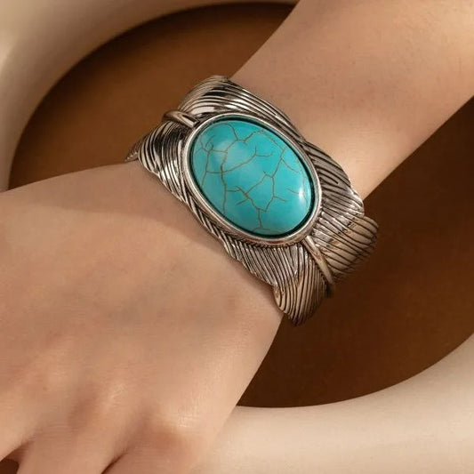 Bracelet Turquoise Femme Manchette Plume Gravée