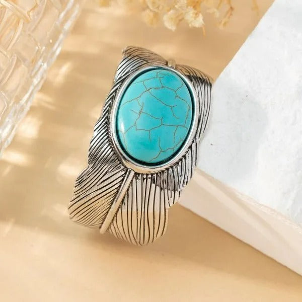 Bracelet Turquoise Femme Manchette Plume Gravée