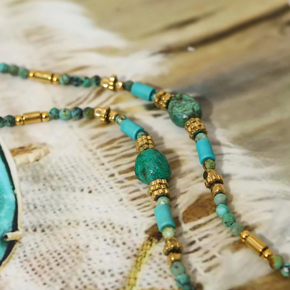 Bracelet Turquoise Femme Perles Facettées Dorées - Acier Inoxydable