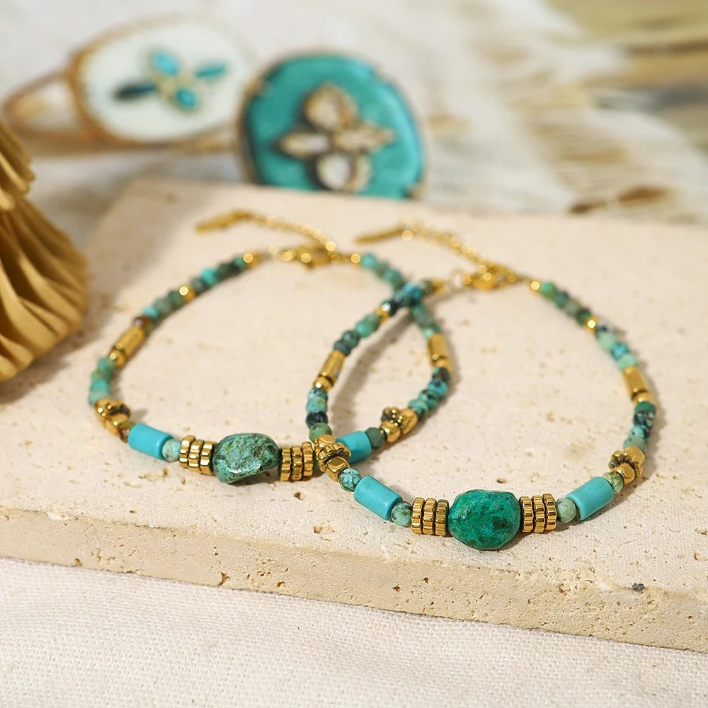 Bracelet Turquoise Femme Perles Facettées Dorées - Acier Inoxydable