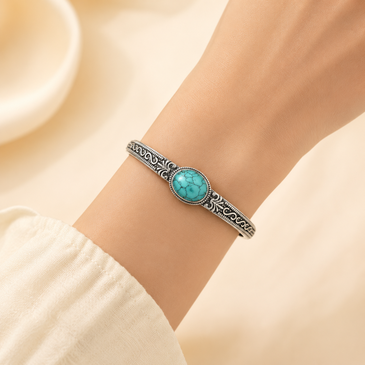 Bracelet Turquoise Femme Rigide Métal Gravé