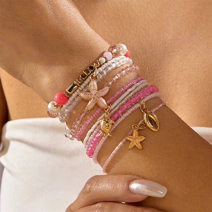 Lot 10 Bracelets Coquillage Femme Multirang Étoile Rose