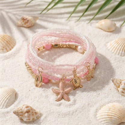 Lot 10 Bracelets Coquillage Femme Multirang Étoile Rose