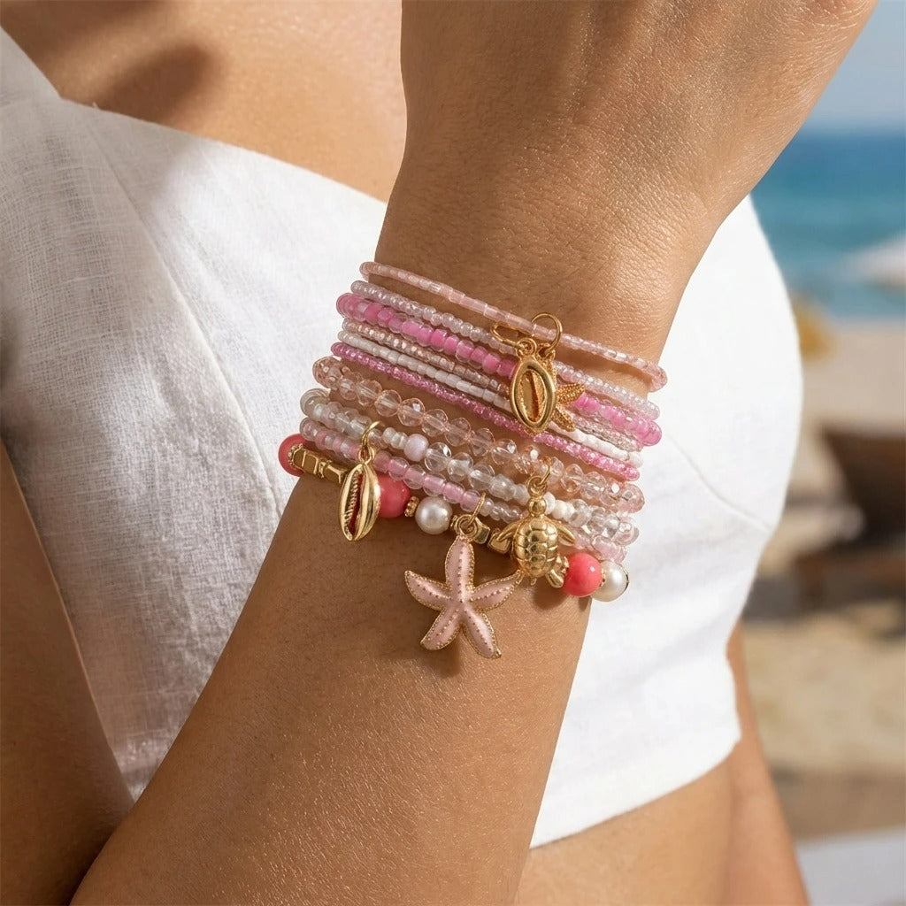 Lot 10 Bracelets Coquillage Femme Multirang Étoile Rose
