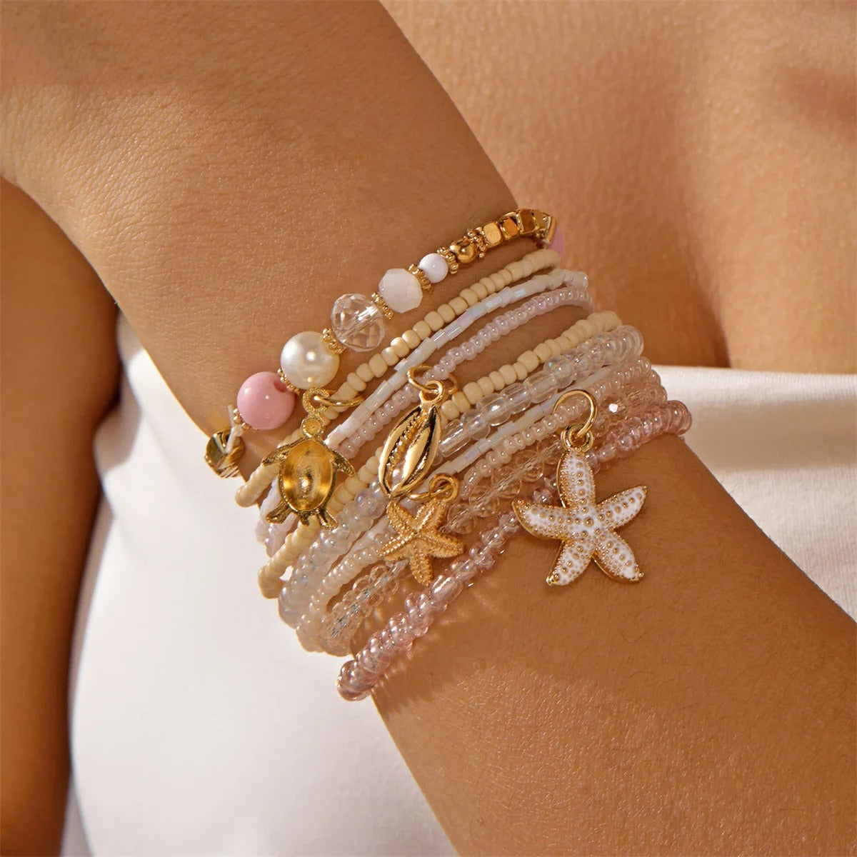 Lot 10 Bracelet Coquillage Femme Nude Étoile Blanche