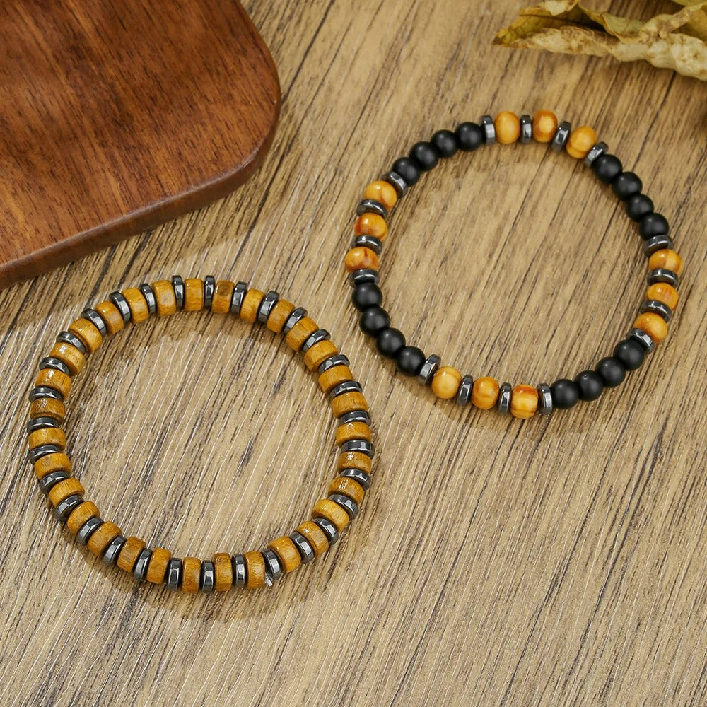 Lot de 2 Bracelets Homme Perle Bois Et Onyx