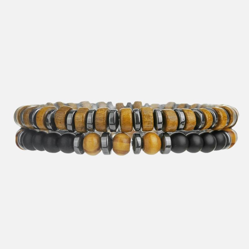Lot de 2 Bracelets Homme Perle Bois Et Onyx