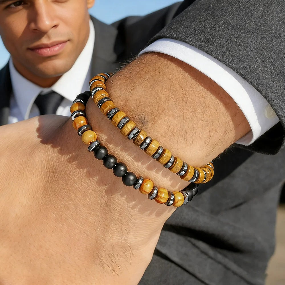 Lot de 2 Bracelets Homme Perle Bois Et Onyx
