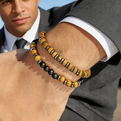 Lot de 2 Bracelets Homme Perle Bois Et Onyx