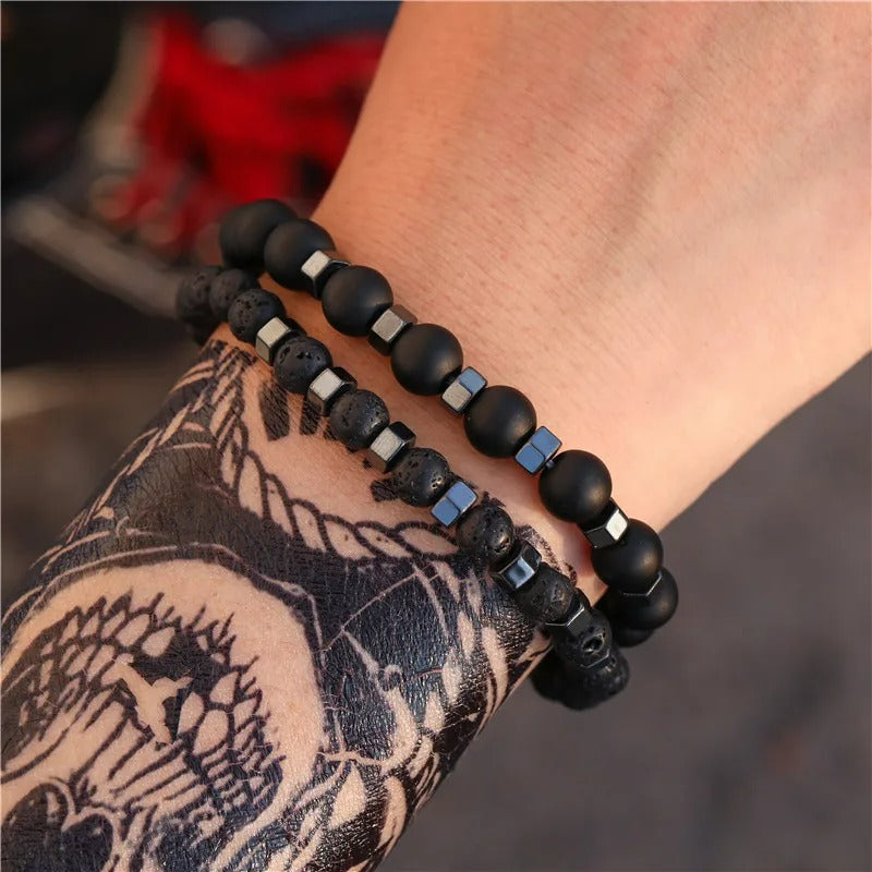 Lot 2 Bracelets Homme Perle Lave
