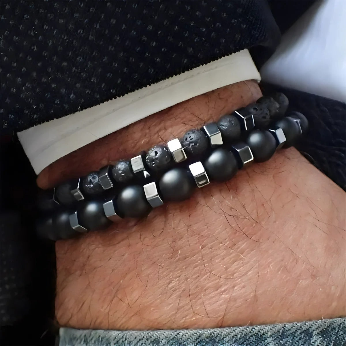 Lot 2 Bracelets Homme Perle Lave