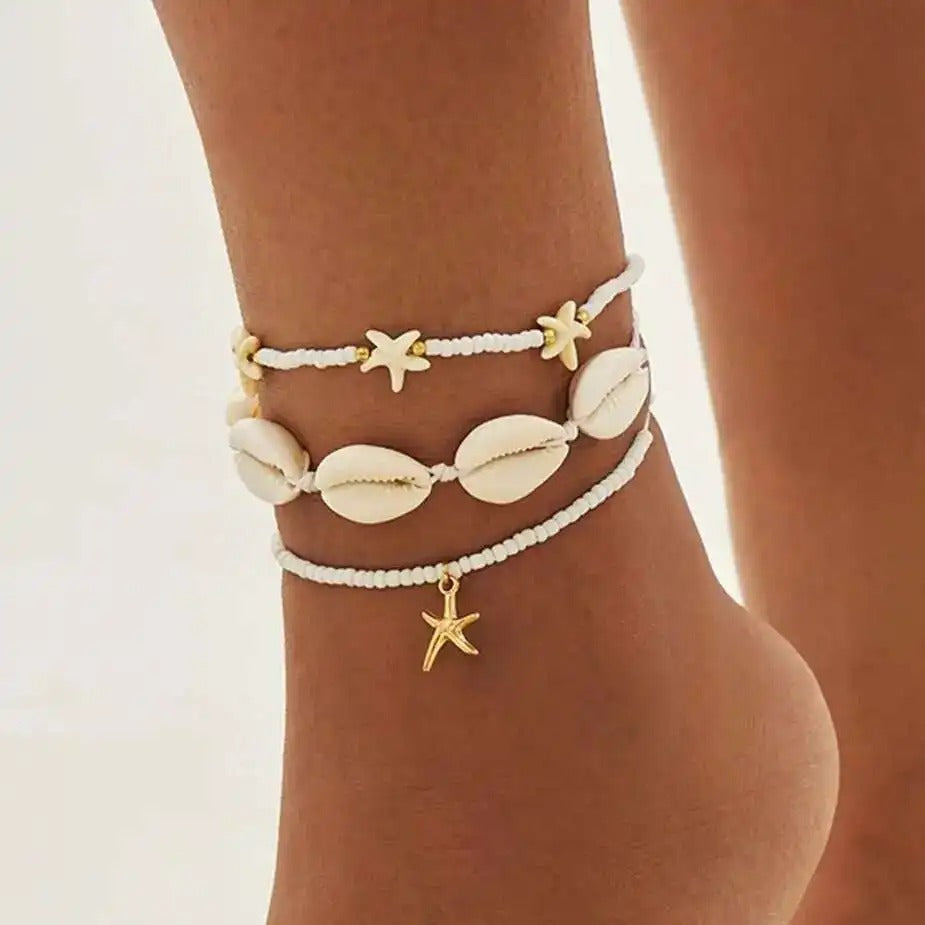 Lot de 3 Bracelet Cheville Femme Cauris Étoile