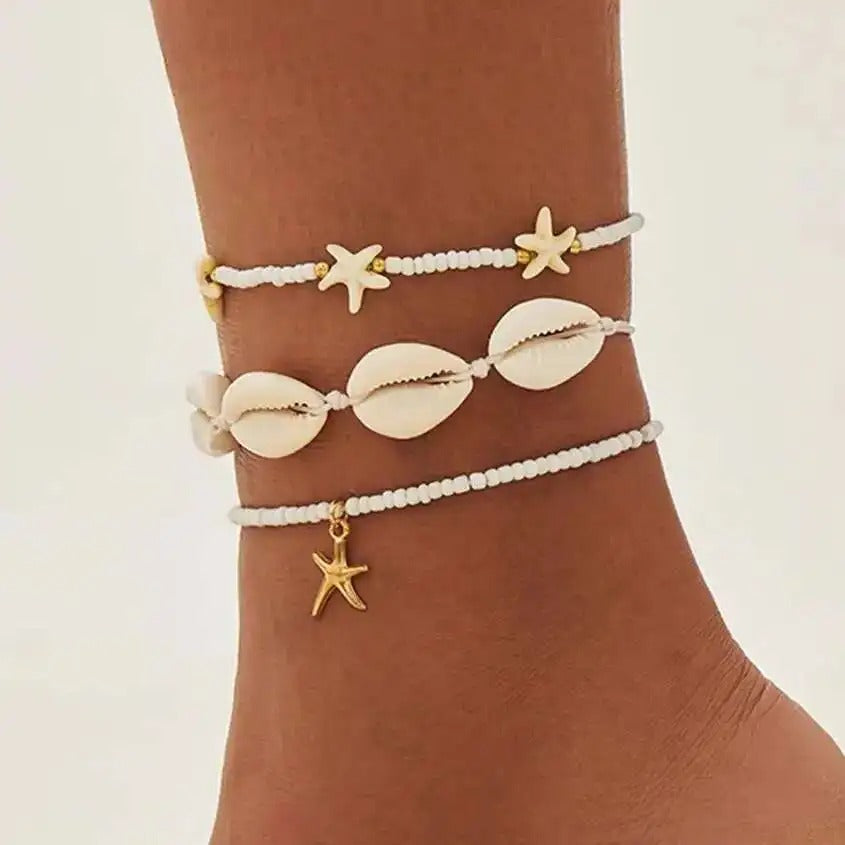 Lot de 3 Bracelet Cheville Femme Cauris Étoile