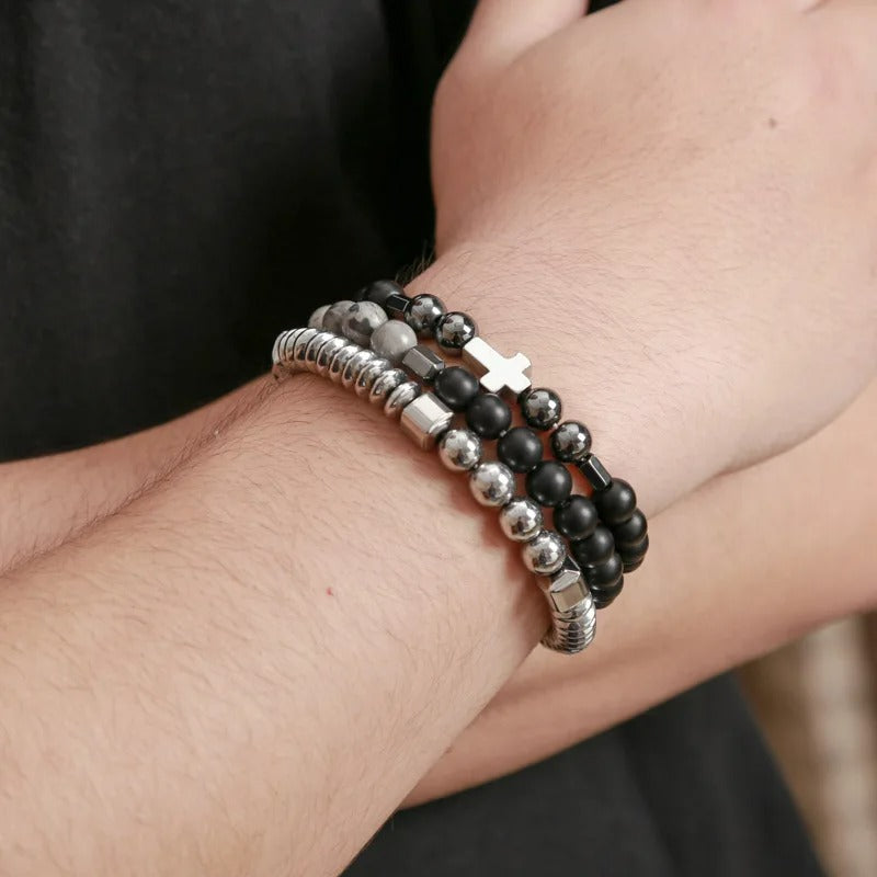 Lot 3 Bracelet Croix Homme Métal Et Pierre