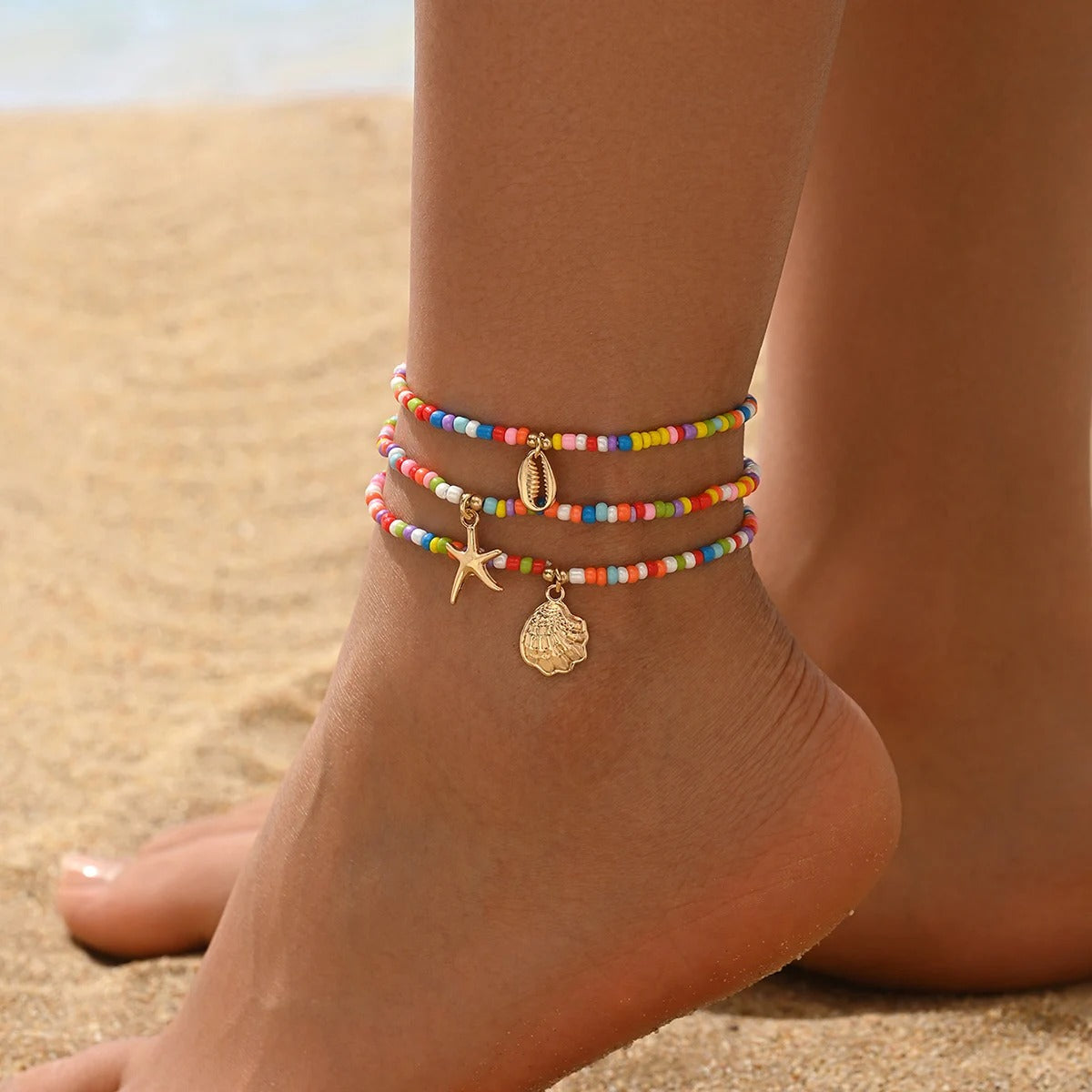 Lot de 3 Bracelets Cheville Femme Perles Colorées