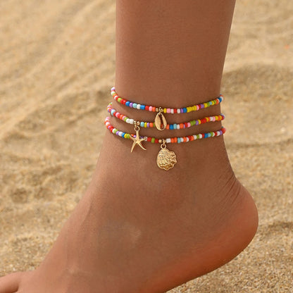 Lot de 3 Bracelets Cheville Femme Perles Colorées